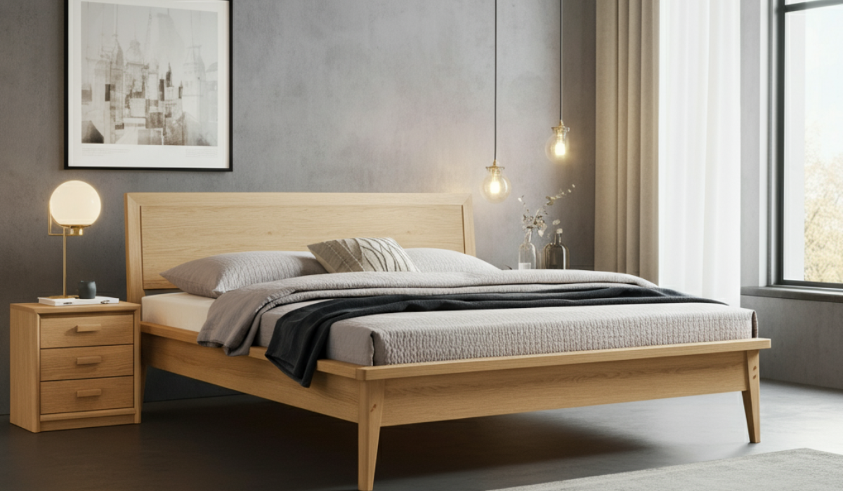 King Size Scandinavian Style Platform Bed with Attached Nightstands