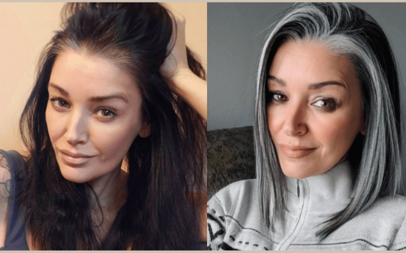 Transitioning-to-grey-hair-before-and-after Effortless Roots How to Blend Grey Hair with Dark Brown Hair: Unlock Your Ageless Style